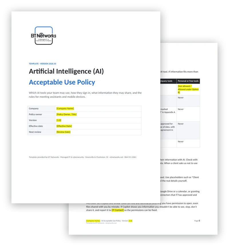 Cover and an inside page of the AI Acceptable Use Policy template